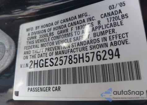 2005 Honda Civic Ex from USA, damaged, VIN 2HGES25785H576294